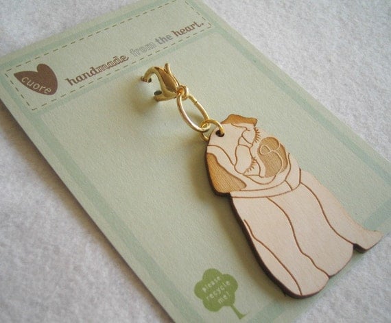 Mimi the Pug Wooden Engraved Keychain Zipper Pull with Card Packaging