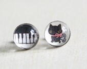 Piano Keyboard and the Little Black Cat Petite Image Stud Earrings. Cute Earrings. Surgical Steel Earrings Post. Children Earrings