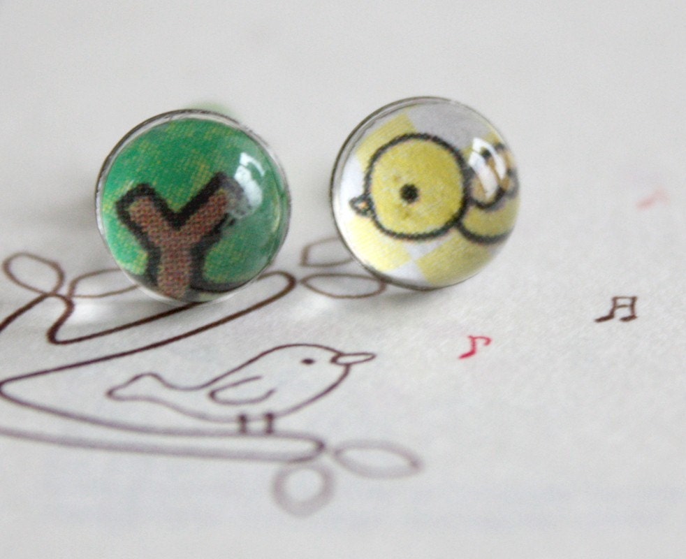 Tree and Tweet Tweet Bird Paper Image Stud Earrings. Surgical Steel Earrings Post. Gift for girl
