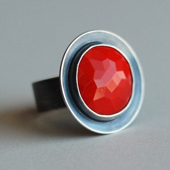Poppy Red Antique Glass and Recycled Sterling Cocktail Ring