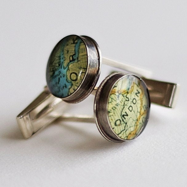 Antique Map CUSTOM Solid Recycled Sterling Cufflinks Genuine Handmade Settings - Original Style
