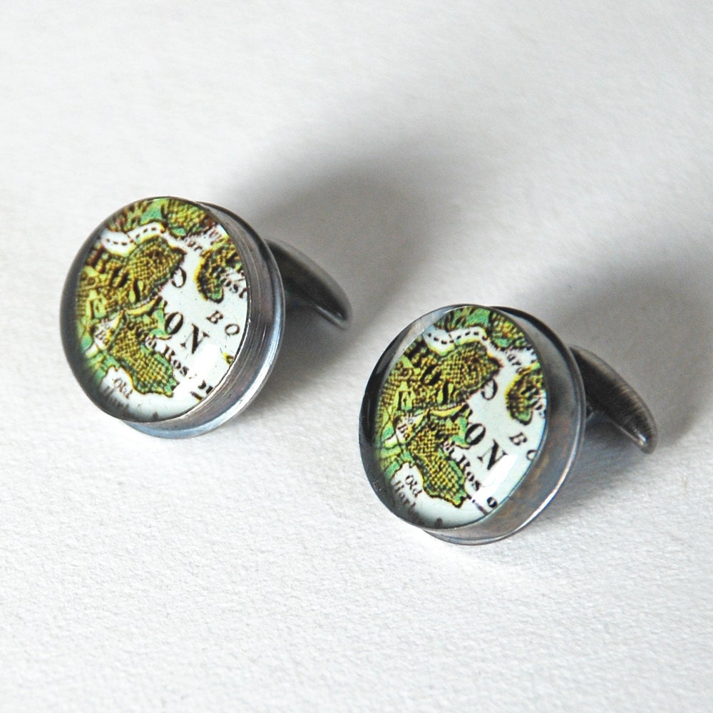 Boston Massachusetts - Antique Map Cufflinks in Handmade Sterling Settings