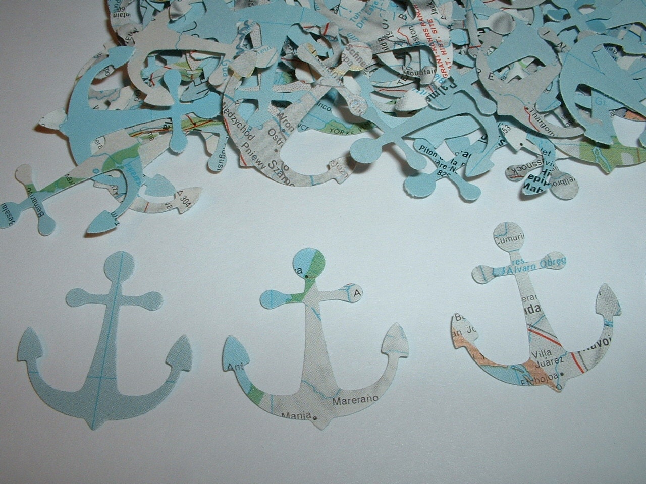 100 ANCHOR Punches from Vintage Atlas Maps - Lovely Travel Theme and Bon Voyage Table Confetti
