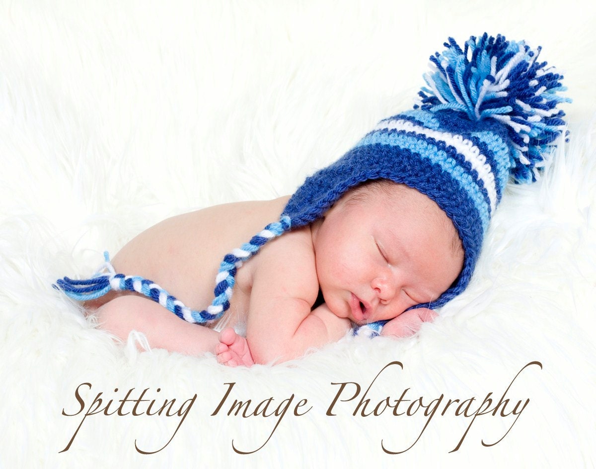 Newborn Earflap Hat with Pompom Hand Crochet in Blue and White Ready to Ship