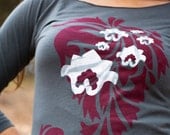 Silkscreen womens yoga tshirt, gray 3/4 sleeve, paisley and lotus design, womans top, small only