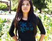 Black silkscreen womens graphic tshirt, 3/4 sleeve tee shirt, scattered flower design, S-XL womens top