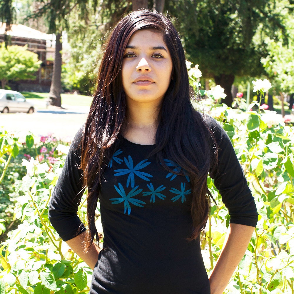 Black silkscreen womens graphic tshirt, 3/4 sleeve tee shirt, scattered flower design, S-XL womens top
