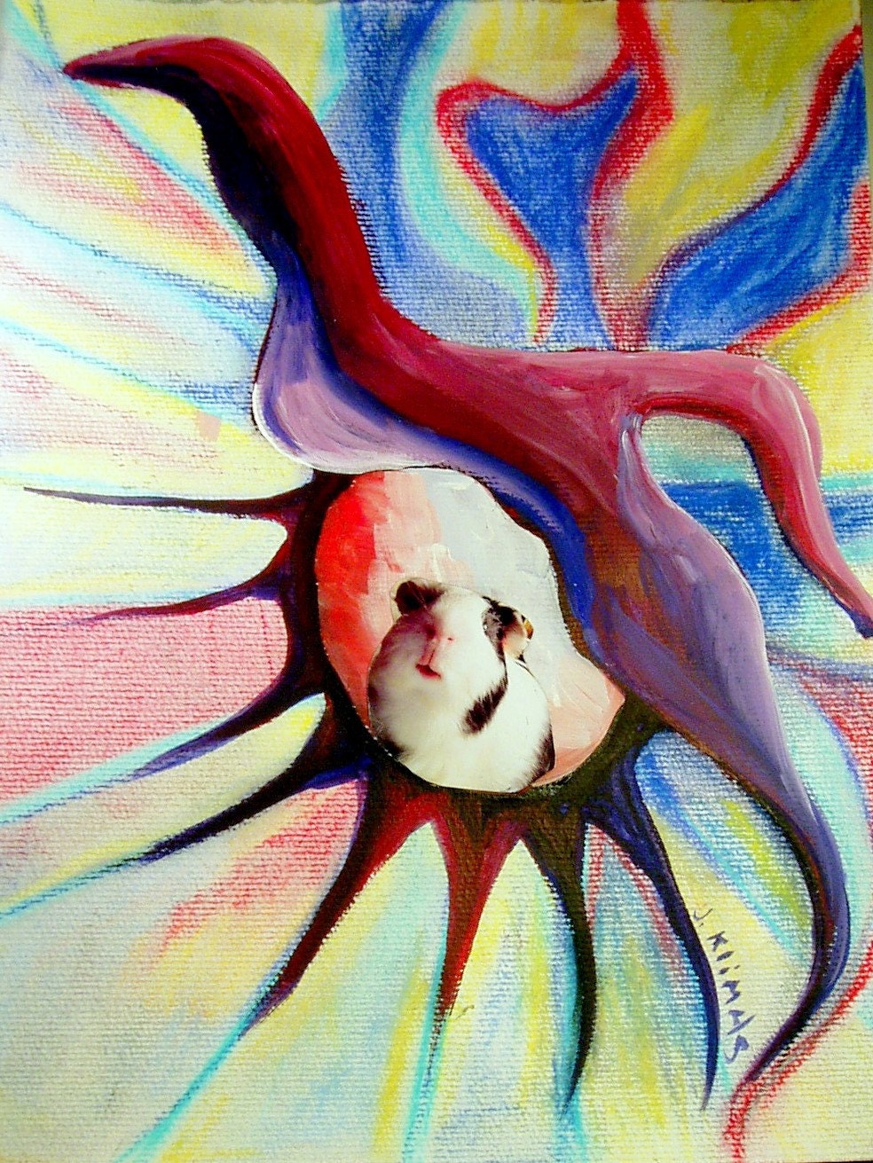 GUINEA PIG Mixed Media Collage - Watercolor Pastel Gouache and Photo 9x12 Original Art