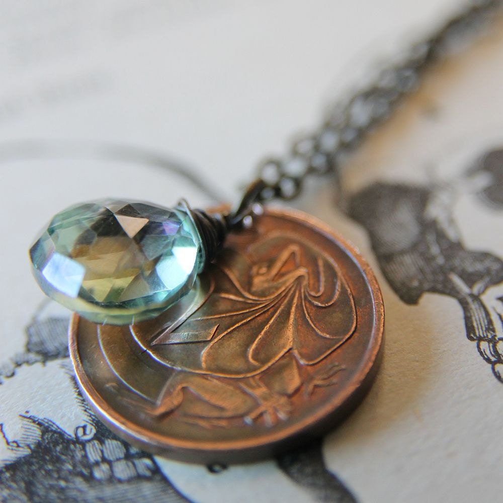 Unfurled Necklace with Vintage Coin and Blue Quartz
