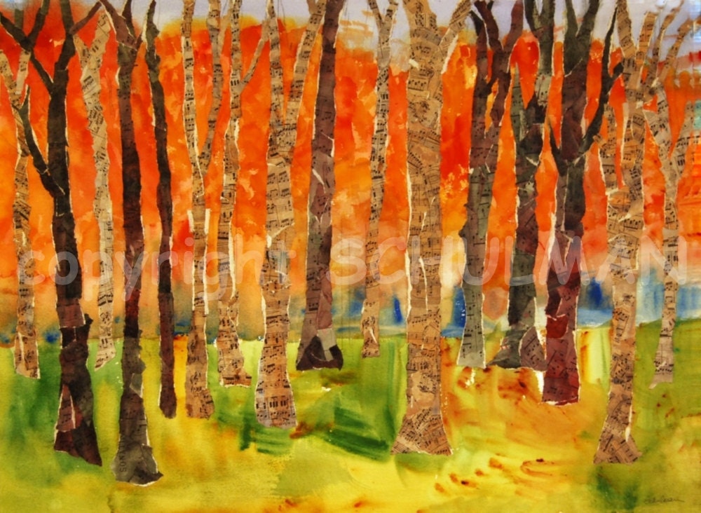 Birch TREE Wall art, PRINT mixed media collage watercolor painting coral orange,  tango fall colors modern decor
