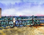 Beach Bikes Wellfleet, Cape Cod watercolor PRINT, sea green, sky blue Wellfleet nautical modern