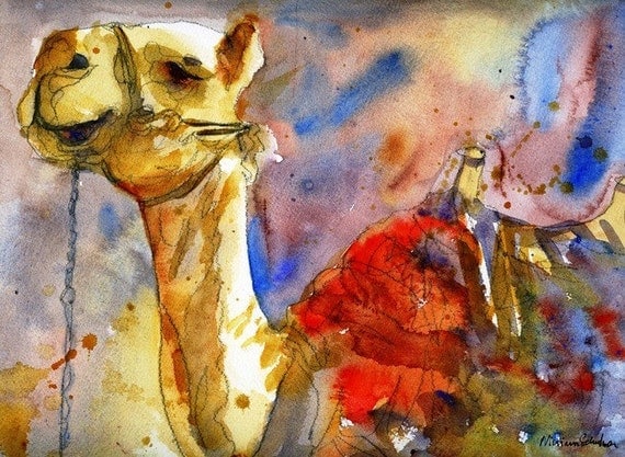 Camel Art, watercolor print of animal art in Israel print, red tan,