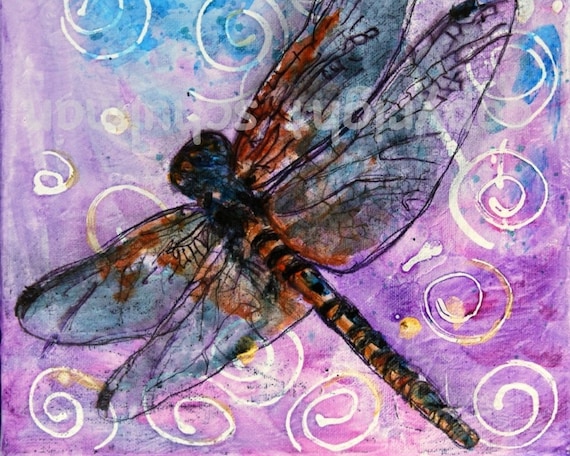 Dragonfly Decor Purple violet Lilac pastel Watercolor Painting Dragonfly art blue orchid lavender, turquoise print art