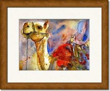 Camel Art, watercolor print of animal art in Israel print, red tan,