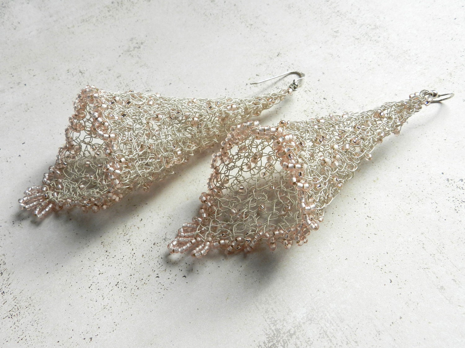 Wire Crochet Bridal Earrings Fairy Bells Lace Blush Pink Cone Shape Renaissance Wedding Jewelry