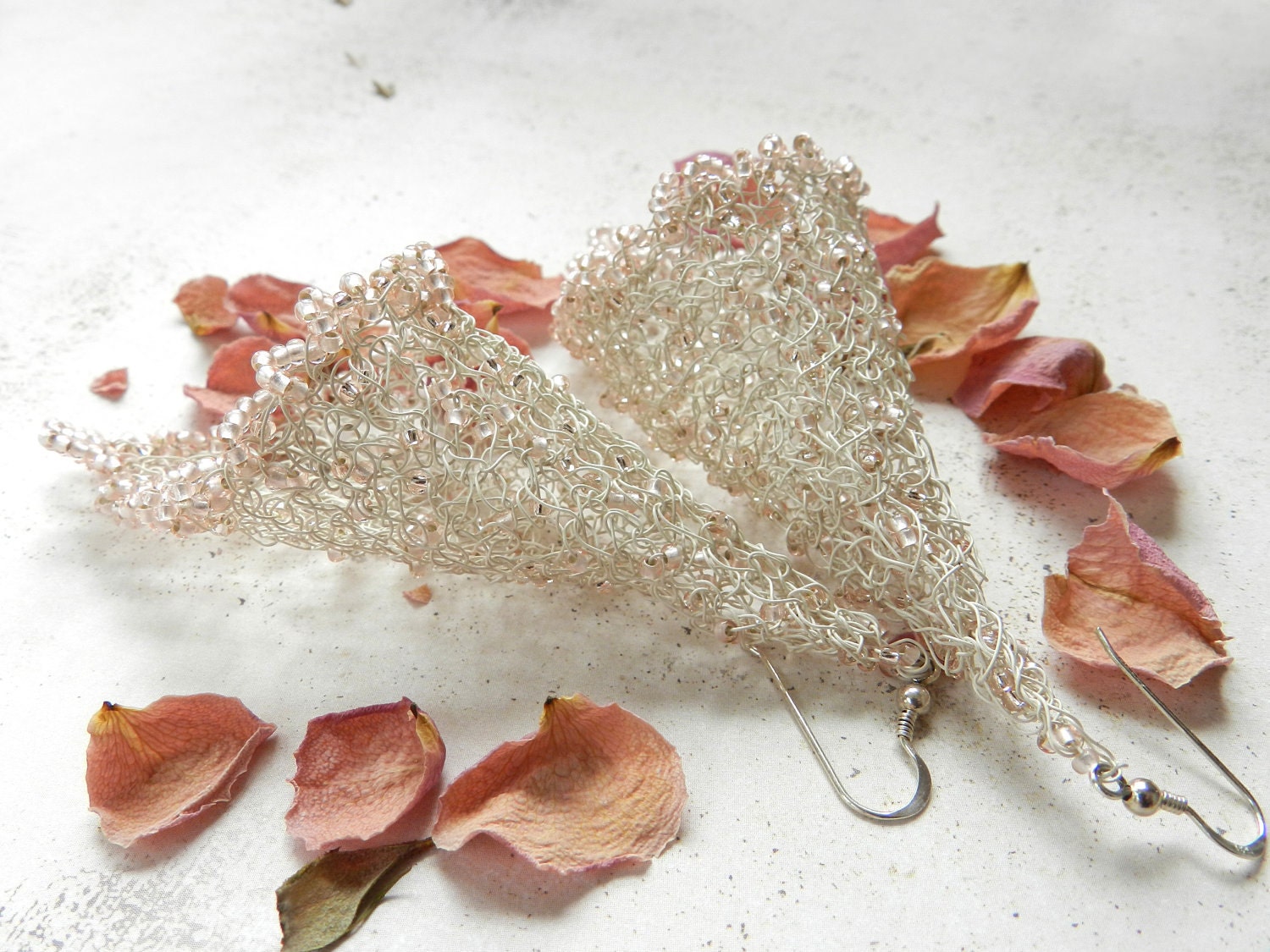 Wire Crochet Bridal Earrings Fairy Bells Lace Blush Pink Cone Shape Renaissance Wedding Jewelry