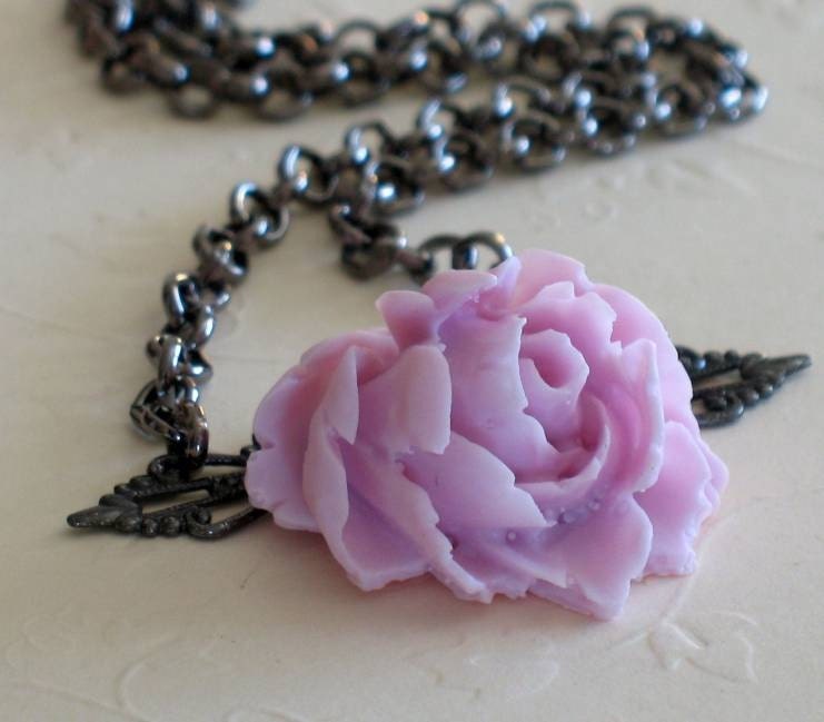 50% off SALE - Rose Necklace, Metal Stamping, Blush Pink Rose, Feminine, Romantic, Valentines day, Gifts for Her