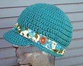 Womens Crochet Newsboy Hat, Aqua with Vintage Floral Band
