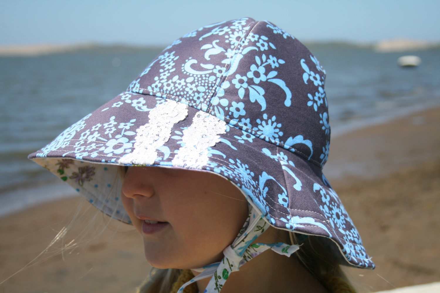 Girl Sun Hat in Navy Blue Floral with Vintage Crochet Lace Stripe