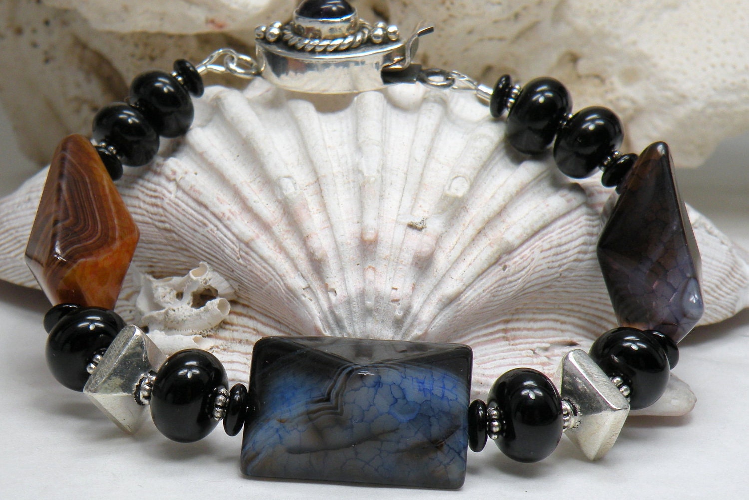 EBONY ELEGANCE Handmade Lampwork and Agate Stone Bead Bracelet