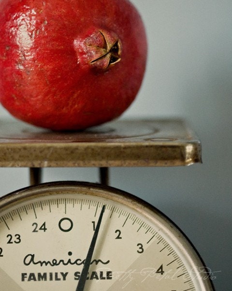 Still Life Fine Art Photograph, Red Pomegranate on a Vintage Scale, Kitchen Art, Winter Fruit, Ruby Red, Foodie, 5x7 Print