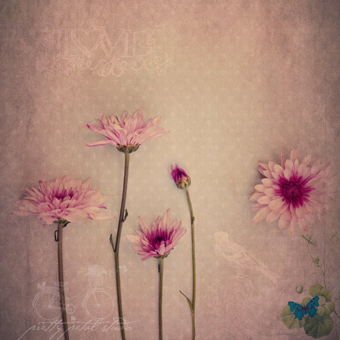 Abstract Fine Art Photograph, Mixed Media Garden, Pink Flowers, Textures, Bird, Butterfly, Word LOVE, Home Decor, Floral Art, 8x8 Print