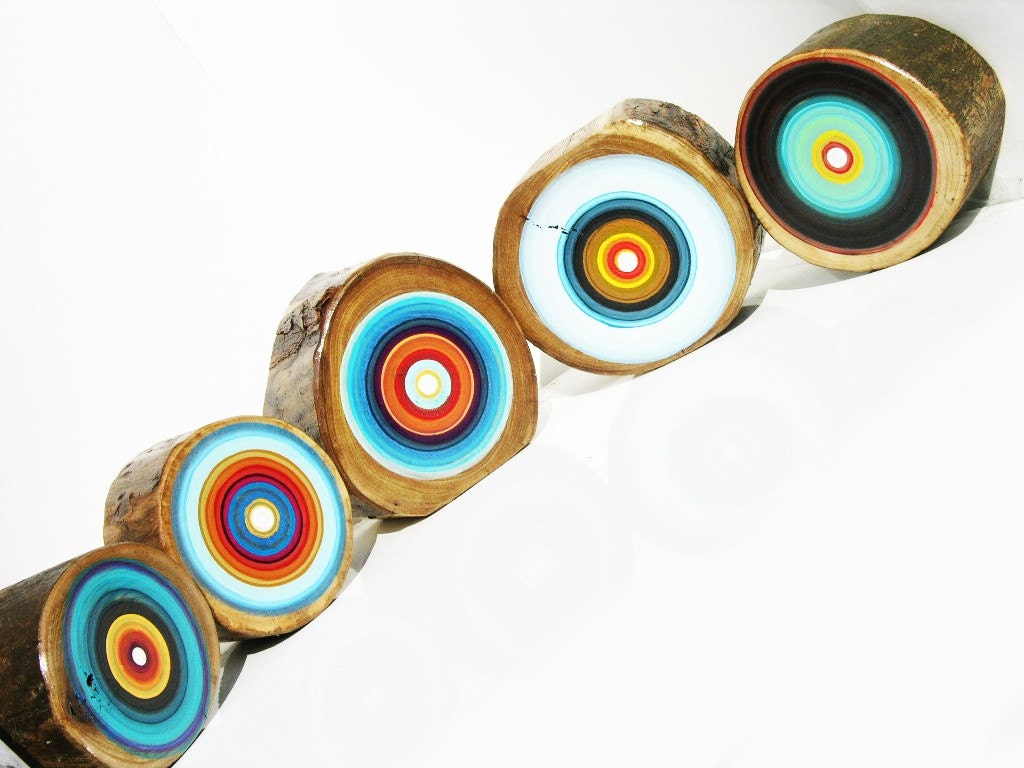 Set of Five Original Abstract Tree Ring Paintings with a Touch of Modern
