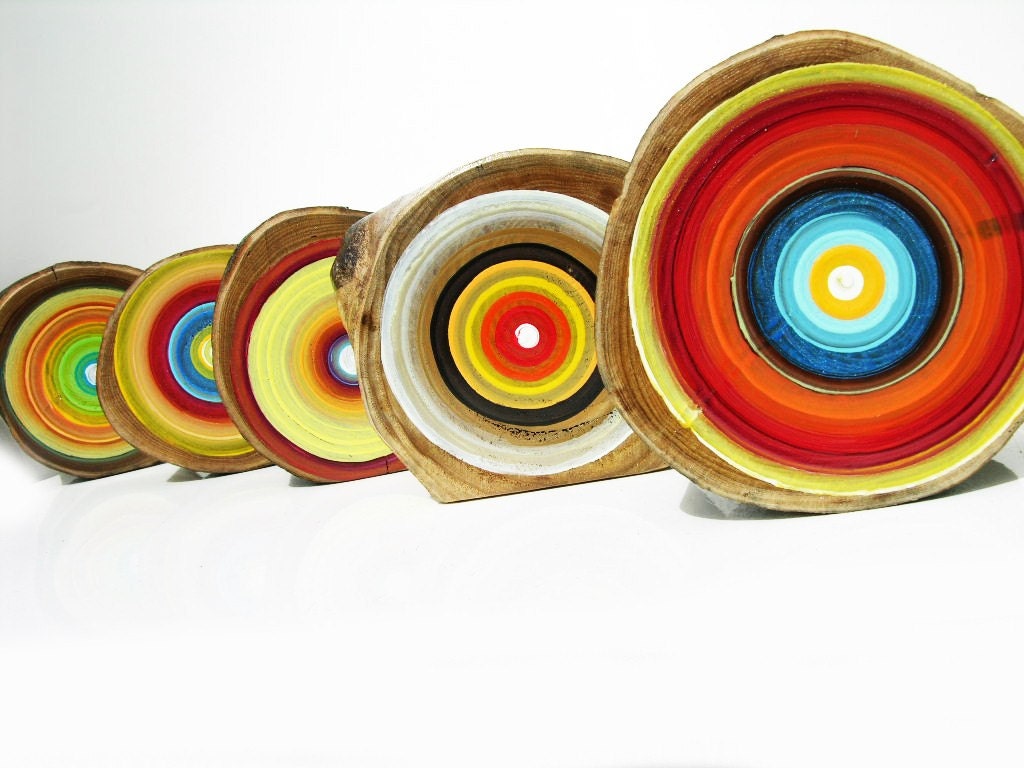 Set of Five Original Abstract Tree Ring Paintings with a Touch of Modern