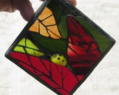 Stained Glass Mosaic Suncatcher - Autumn Leaves and Ladybug