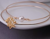 Yoga Jewelry, Lotus Bracelet, Gold Lotus Bangle Bracelet Set, Pearl Bracelet