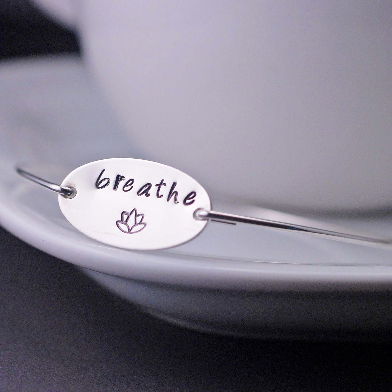 Eco Friendly  Yoga Jewelry, Breathe Bangle Bracelet,  Lotus Jewelry Gift, Yoga Teacher Gift, Yoga Lover Gift