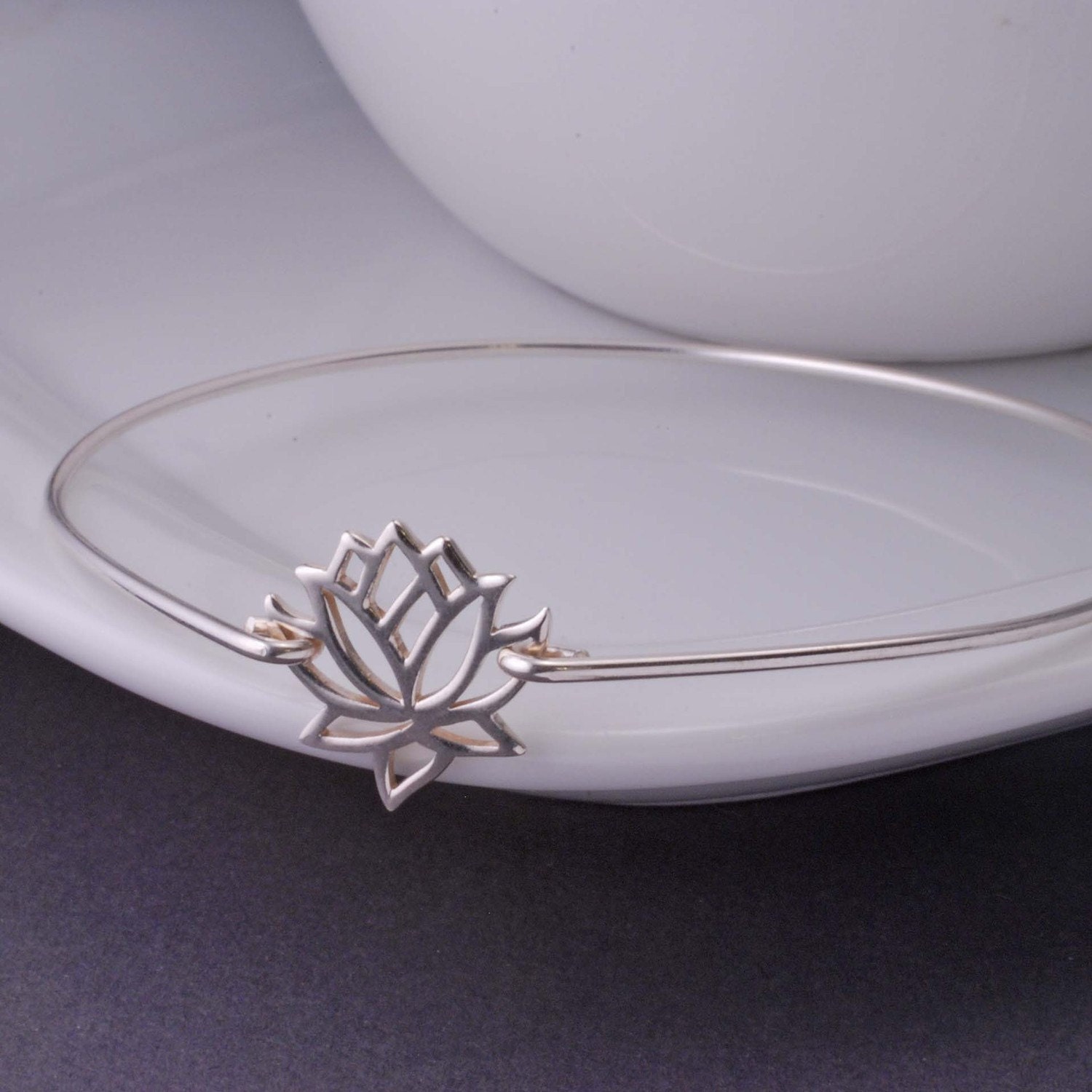 Lotus Flower Jewelry, Simple Sterling Silver Bangle Bracelet, Lotus Bracelet, Yoga Bracelet, Silver Bangle