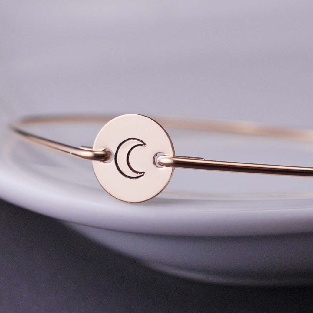 Moon Bracelet, Gold Moon Jewelry, Gold Bangle Bracelet, Hand Stamped Bracelet,