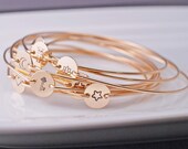 Gold Bangle Bracelet, Hand Stamped Gold Bracelet, Lotus, Key, Heart, Star, Cross, Moon, Owl