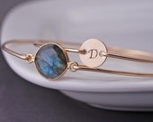 Personalized Bracelet, Gold Labradorite Bracelet, Initial Jewelry, Gold Bangle Bracelet Set
