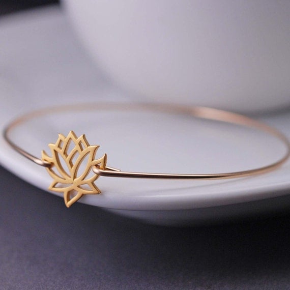 Lotus Jewelry, Lotus Bracelet, Lotus Flower Bangle Bracelet, Yoga Jewelry, Gold Bangle Bracelet, Fall Fashion
