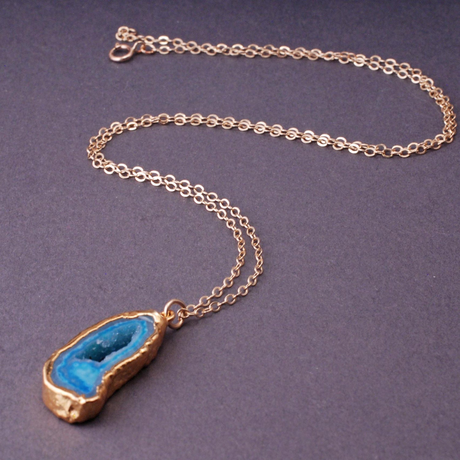 Druzy Crystal Jewelry, Agate Slice Necklace, Gold Druzy Agate Necklace, Blue Agate Necklace