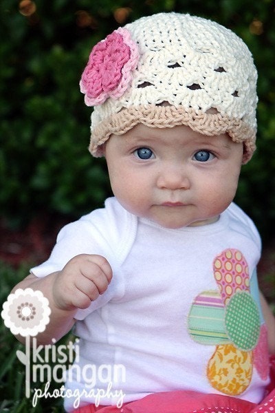 1-2T Crochet Beanie With Flower - eggshell, beige, pastel pink, rose pink
