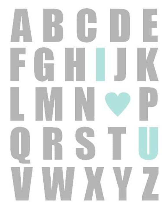 Nursery Art Print, Alphabet With I Heart U - ANY COLOR SCHEME - or Aqua and Gray 11 x 14