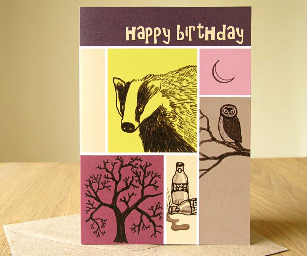 Great outdoors birthday card for him or for her - owl badger tree - recycled envelope - compostable packaging