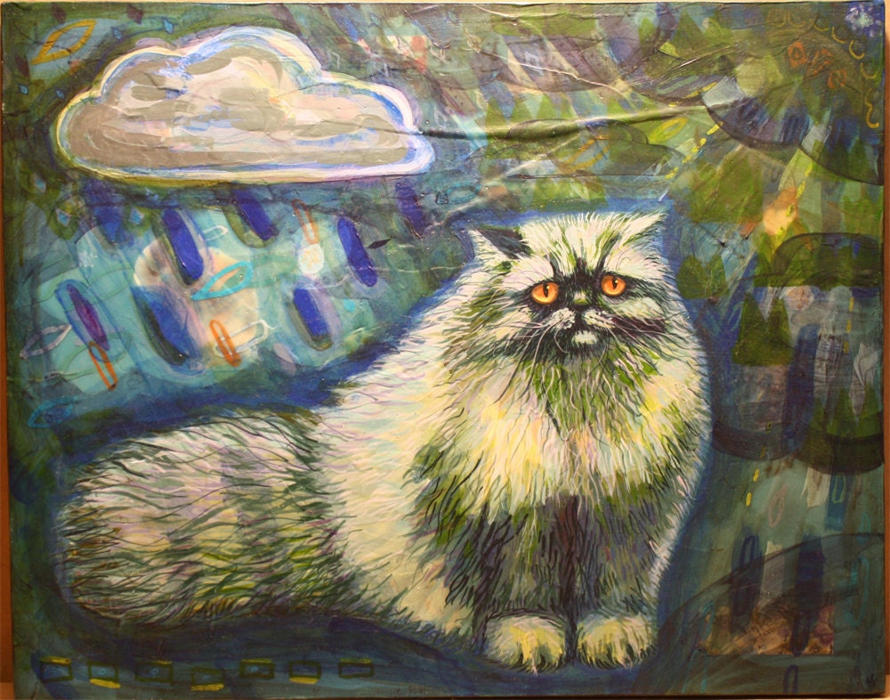 Original acrylic painting Persian cat in the rain  blue mixed media
