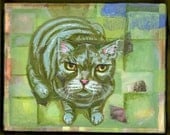 light blue kitty cat tabby striped acrylic OOAK painting original whiskas