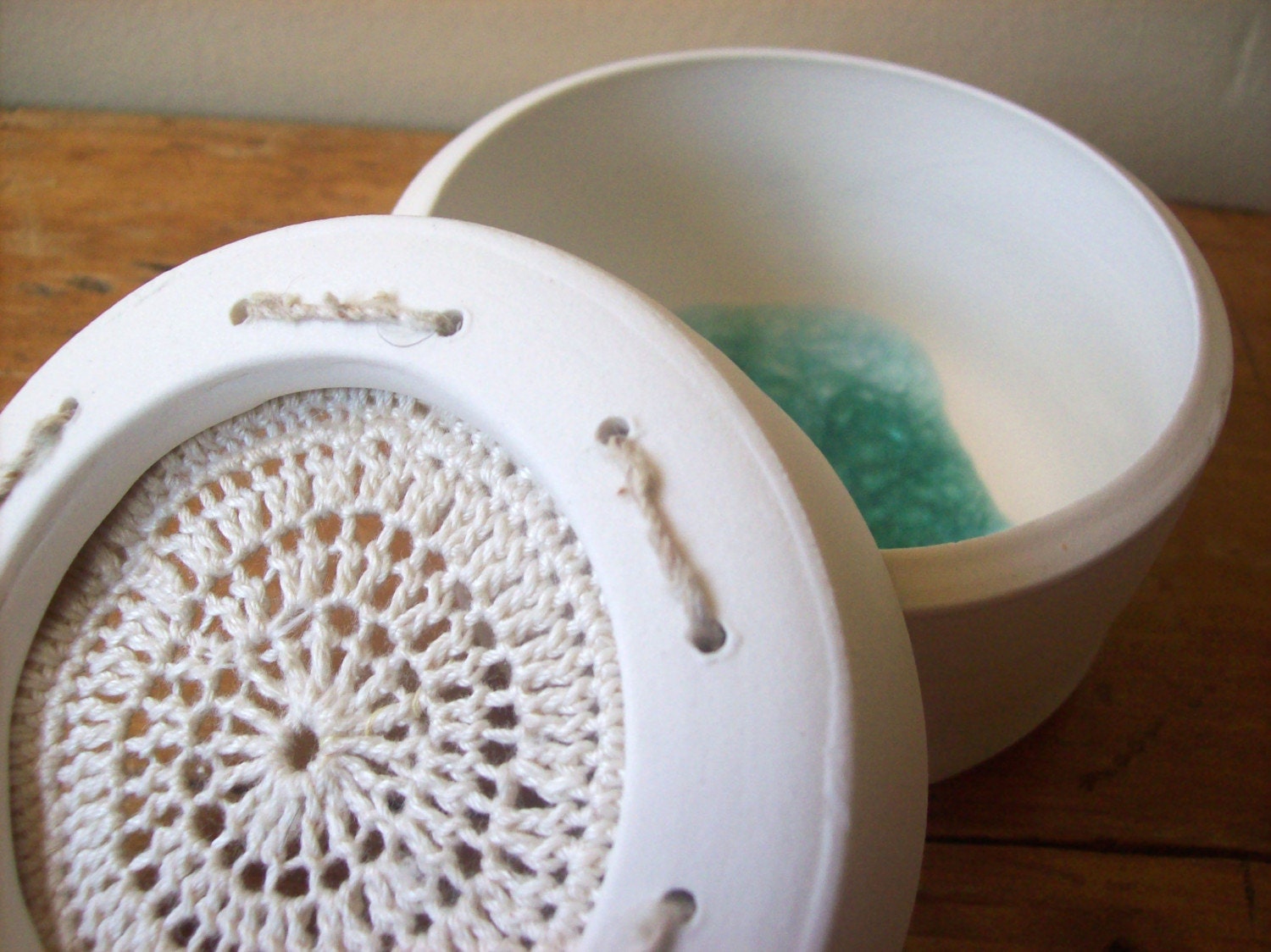 Laughing and Crying HOLD porcelain and lace doily jar