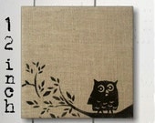 Owl on Branch -  Burlap Feed Sack over Cork Message Board 12 inch