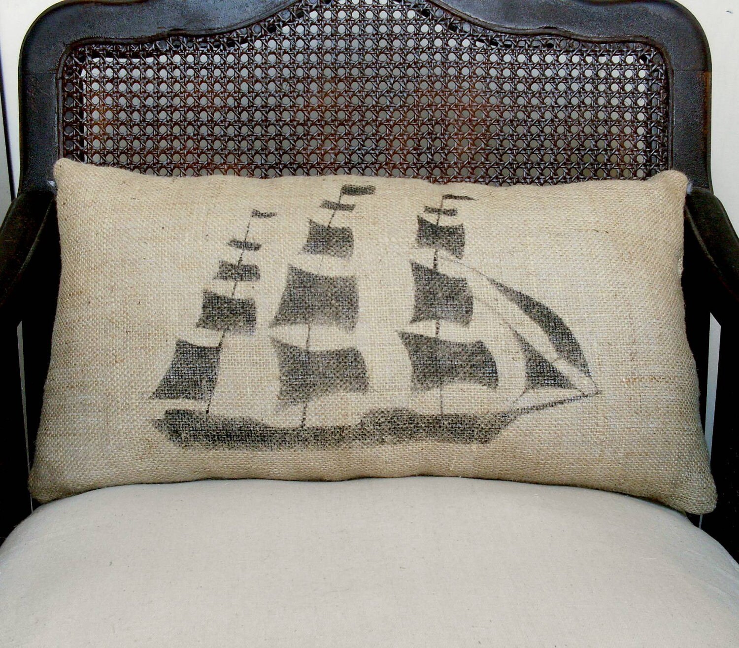 On the Sea - Clipper Ship - Burlap Pillow - Nautical Pillow in Lumbar Style