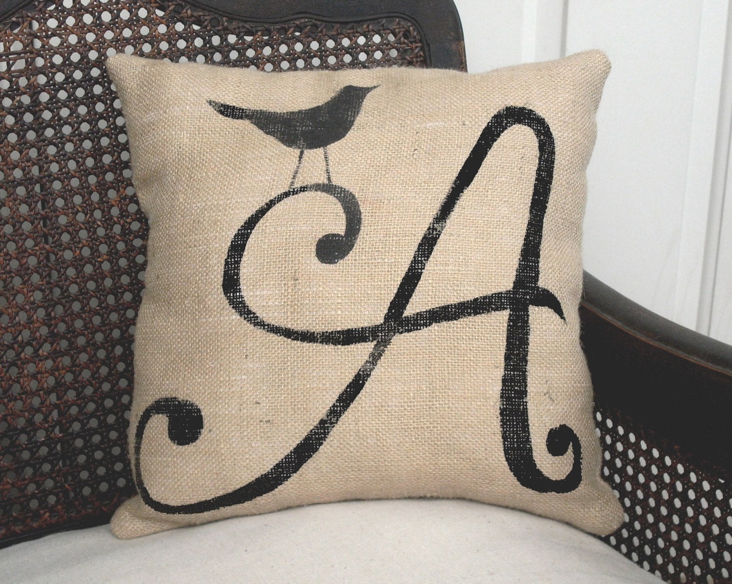 Bird Letter Custom Monogram Pillow  - Burlap Feed Sack Pillow