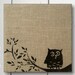Owl on Branch - Burlap Feed Sack over Cork Message Board 12 inch