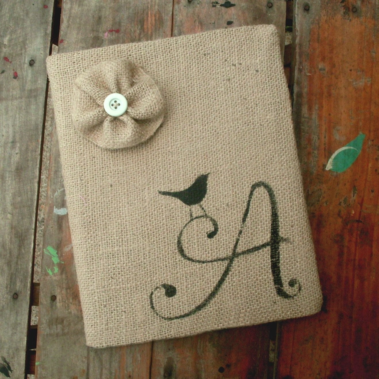 Bird Letter - Monogram Burlap Feed Sack Journal Cover w. Notebook