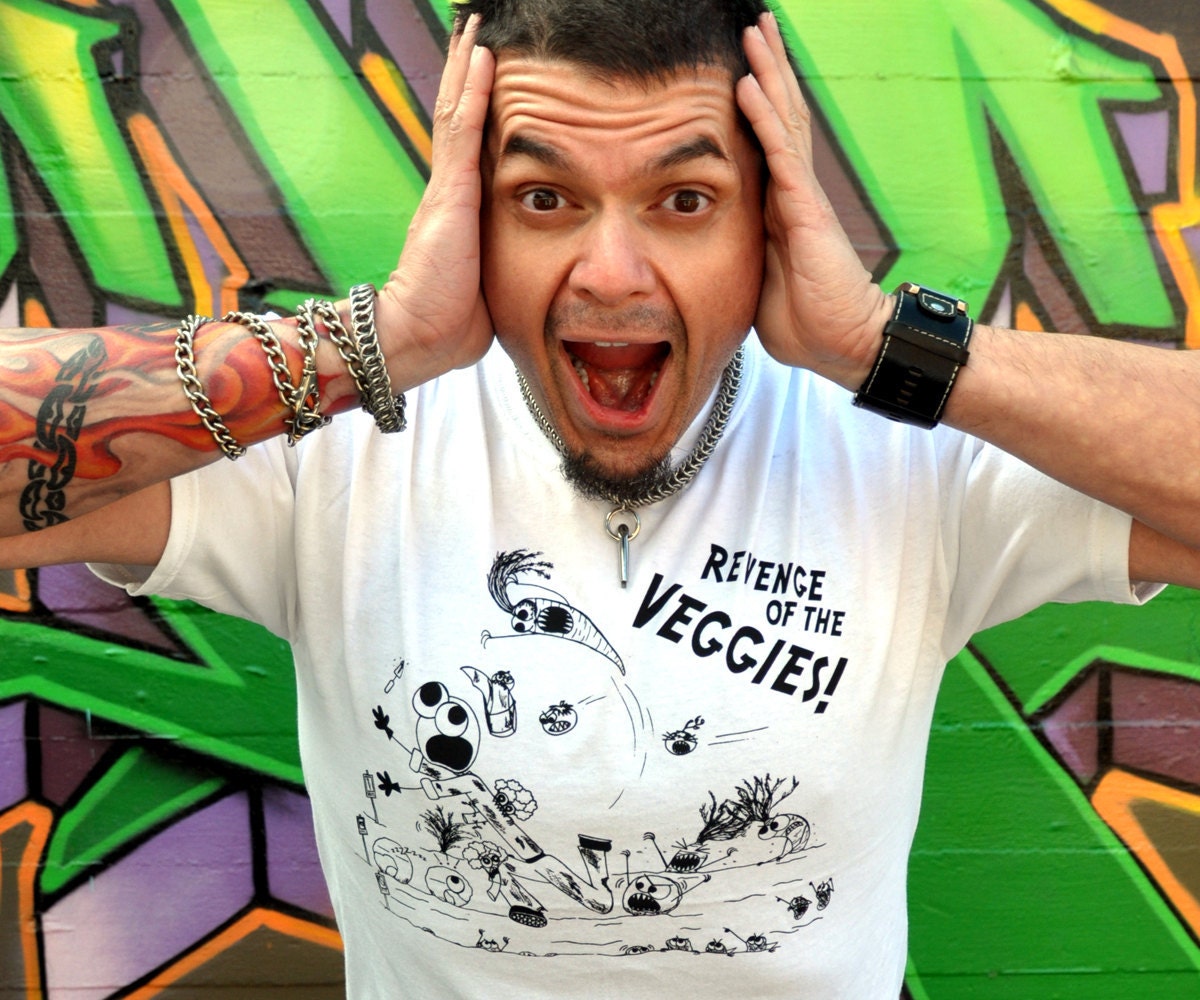 Revenge of the Veggies Funny Tshirt:  Vegetables Attacking The Gardener