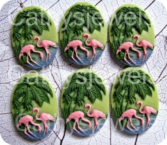 Six Pieces of 25X18 Really Really Retro Flamingo Cabochons